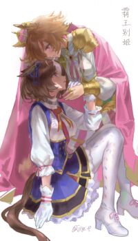 2girls ahoge animal_ears bag blue_dress blush bow breasts brown_hair cape closed_mouth crown crying double-parted_bangs dress ear_ornament ear_ribbon gloves hair_between_eyes hairband hashtag-only_commentary headband highres horse_ears horse_girl horse_tail jewelry jiye_p1 long_sleeves medium_breasts medium_hair meisho_doto_(turbulent_blue)_(umamusume) meisho_doto_(umamusume) mini_crown multicolored_hair multiple_girls multiple_rings open_mouth orange_hair orange_tail pantyhose pink_cape pink_crown pink_hairband pink_headband purple_eyes ring shirt short_hair shoulder_bag skirt t.m._opera_o_(o_sole_suo!)_(umamusume) t.m._opera_o_(umamusume) tail two-tone_hair two-tone_skirt umamusume white_dress white_gloves white_hair white_pantyhose white_shirt