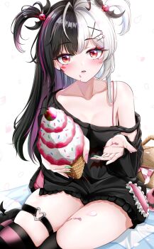 1girl black_hair black_shirt black_thighhighs blush breasts byeoljagga cleavage commentary_request eyeshadow hair_ornament hairclip heart heart_o-ring highres holding holding_ice_cream_cone ice_cream_cone korean_commentary lacrimosa_(nte) long_hair looking_at_viewer makeup multicolored_hair neverness_to_everness o-ring o-ring_thigh_strap open_mouth purple_streaks red_eyes red_eyeshadow shirt small_breasts solo split-color_hair streaked_hair thigh_strap thighhighs twintails two_side_up very_long_hair white_background white_hair x_hair_ornament zettai_ryouiki