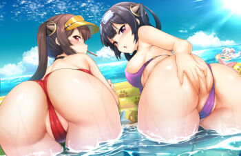 3girls ahoge alternate_costume anus anus_peek armpits ass ass_focus azur_lane back beach bikini black_hair blue_sky blush breasts brown_hair cameltoe choker cleft_of_venus cloud day dutch_angle from_behind goggles goggles_on_head grabbing_own_ass hair_ornament hair_rings hairband hat inflatable_raft innertube ipuu_(el-ane_koubou) large_breasts long_hair looking_at_viewer looking_back mouth_hold multiple_girls ning_hai_(azur_lane) ning_hai_(summer_hunger)_(azur_lane) ocean open_mouth outdoors partially_visible_anus partially_visible_vulva ping_hai_(azur_lane) ping_hai_(summer_vacation)_(azur_lane) pink_eyes popsicle_stick purple_bikini purple_eyes pussy pussy_peek red_bikini red_eyes revision sky splashing spread_ass sunlight swim_ring swimsuit take_your_pick thighs twintails twisted_torso universal_bulin_(azur_lane) v-shaped_eyebrows visor_cap wading wet
