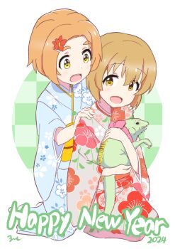 2024 2girls :d aayh alternate_hair_color animal blue_kimono blush brown_eyes brown_hair checkered_background commentary_request floral_print flower forehead grey_kimono hair_flower hair_ornament hairclip happy_new_year hyou-kun idolmaster idolmaster_cinderella_girls iguana japanese_clothes kimono kneeling koga_koharu long_sleeves multiple_girls new_year obi open_mouth orange_hair parted_bangs print_kimono red_flower revision ryuzaki_kaoru sash seiza short_eyebrows simple_background sitting smile teeth thick_eyebrows upper_teeth_only white_background wide_sleeves yellow_eyes