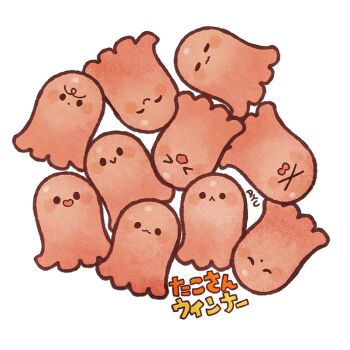 Rule 34 | >:p, > <, :3, :d, artist name, ayu (mog), black eyes, blush stickers, closed eyes, closed mouth, food, food art, furrowed brow, hot dog, multiple others, open mouth, original, simple background, smile, tako-san wiener, tentacles, translated, wavy mouth, white background, xd