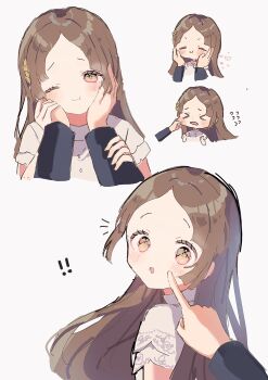 ! !! 1girl :o aaaakonnitiha black_sleeves blush brown_eyes brown_hair cheek_poking cheek_pull closed_eyes collared_shirt commentary_request flying_sweatdrops forehead frilled_sleeves frills furrowed_brow gakuen_idolmaster hair_ornament hand_on_another's_arm hand_on_another's_hand hands_on_another's_cheeks hands_on_another's_face heart highres idolmaster kuramoto_china leaf_hair_ornament long_hair long_sleeves looking_at_viewer official_alternate_costume one_eye_closed open_mouth parted_bangs poking pov pov_hands producer_(idolmaster) shirt short_sleeves simple_background solo straight_hair white_background white_shirt wide-eyed