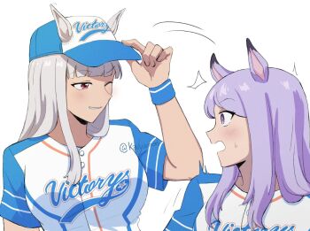 2girls ;d animal_ears arm_up baseball_cap baseball_jersey baseball_uniform blue_hat blunt_bangs clothes_writing commentary ears_through_headwear english_commentary gold_ship_(umamusume) grey_hair grin hand_on_headwear hat horse_ears horse_girl jersey kaiyamon long_hair matching_outfits mejiro_mcqueen_(umamusume) multiple_girls one_eye_closed open_mouth purple_eyes purple_hair shirt short_sleeves simple_background smile sportswear twitter_username umamusume upper_body white_background white_hat white_shirt