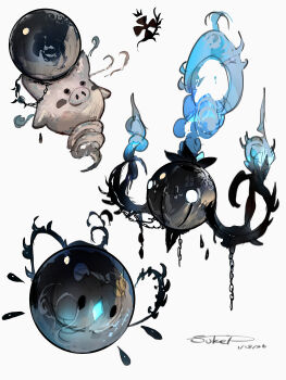 Rule 34 | 3others, absurdres, alternate color, black eyes, blue fire, chain, chandelure, commentary request, dated, fire, floating, gen 3 pokemon, gen 5 pokemon, glowing, glowing eyes, highres, multiple others, nintendo, no humans, pokemon, pokemon (creature), signature, solosis, spoink, sukepmonster, white background, white eyes