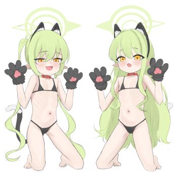 2girls animal_ears animal_hands barefoot belt_collar bikini black_bikini black_gloves blue_archive blush cat_ears cat_paws cat_tail collar doridori_(pixiv_65481427) fake_animal_ears fang flat_chest gloves green_hair halo hikari_(blue_archive) kneeling loli long_hair looking_at_viewer micro_bikini multiple_girls navel nozomi_(blue_archive) open_mouth orange_eyes paw_gloves pointy_ears red_collar simple_background skin_fang smile swimsuit tail twintails very_long_hair white_background yellow_eyes