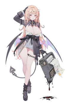 1girl absurdres ankle_boots belt black_belt black_boots black_gloves black_hair black_jacket black_tail black_wings blonde_hair boots breasts chain cleavage collared_jacket commentary demon_girl demon_tail demon_wings diamond-shaped_pupils diamond_(shape) earrings english_commentary full_body gloves hand_on_own_head heart heart-shaped_lock highres holding id_card ina_seo ink jacket jewelry key_earrings large_breasts lock long_hair long_sleeves looking_at_viewer low_wings mole mole_on_breast multicolored_hair original paper parted_lips pink_eyes pouch simple_background solo standing streaked_hair symbol-shaped_pupils tail thigh_gap thigh_strap typewriter underbust unitard very_long_hair white_background white_unitard wings zipper