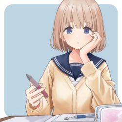 1girl animated blinking blue_background blue_eyes blue_sailor_collar border cardigan closed_mouth expressionless hand_on_own_cheek hand_on_own_face hand_up head_rest huge_filesize idolmaster idolmaster_shiny_colors infektionary light_blush light_brown_hair long_sleeves looking_away looping_animation mechanical_pencil notebook outside_border pen pen_spinning pencil pencil_case sailor_collar school_uniform serafuku serizawa_asahi short_hair simple_background solo table ugoira upper_body video white_border yellow_cardigan