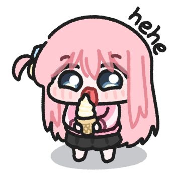 Rule 34 | 1girl, black skirt, blue eyes, bocchi the rock!, chibi, chibi only, commentary, food, full body, gotoh hitori, happy, highres, holding, holding food, holding ice cream, holding ice cream cone, ice cream, ice cream cone, jacket, licking, long hair, looking at viewer, lulalang, one side up, pink hair, pink jacket, simple background, skirt, solo, standing, symbol-only commentary, tongue, tongue out, white background