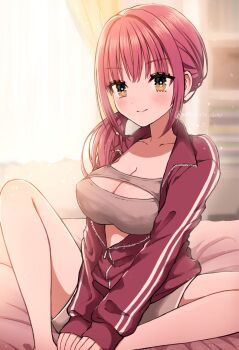 1girl blunt_bangs blurry blurry_background blush breasts cleavage closed_mouth commentary covered_erect_nipples day feet_out_of_frame futamihara_ririko grey_sports_bra hair_intakes highres indoors jacket knees_apart_feet_together large_breasts light_particles limelight_lemonade_jam looking_at_viewer low_ponytail medium_hair on_bed open_clothes open_jacket partially_unzipped ponytail red_hair red_jacket sidelocks sitting sleeves_past_wrists smile solo split_mouth sports_bra track_jacket twitter_username umamochi_shiro v_arms yellow_eyes