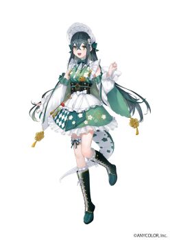 1girl :d anonymous_(nijisanji) apron bare_shoulders black_corset blush bonnet boots breasts collar colored_inner_hair copyright_notice corset crossed_bangs detached_sleeves fish floral_print floral_print_kimono flower-shaped_pupils flower_hairpin flower_knot frilled_bonnet frilled_collar frilled_skirt frilled_socks frilled_thigh_strap frills full_body green_boots green_eyes green_hair green_kimono green_ribbon green_tail hair_ornament hair_ribbon hairclip hand_up highres japanese_clothes kimono kimono_skirt knee_boots kneehighs lace-up_boots lizard_tail long_hair long_sleeves looking_at_viewer maid_apron multicolored_hair neck_ribbon nijisanji obiage obijime official_art open_mouth print_kimono ribbon simple_background skirt small_breasts smile socks solo standing standing_on_one_leg symbol-shaped_pupils tail tail_under_clothes tassel thigh_strap togawa_nonoha virtual_youtuber waist_apron white_background white_bonnet white_ribbon white_sleeves