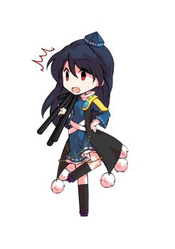 1girl black_socks blue_dress blue_hair blue_shoes chibi chibi_only coat commentary_request dairi dress frilled_dress frills full_body gem geta hat holding holding_tripod iizunamaru_megumu kneehighs large_variant_set long_hair pointy_ears pom_pom_(clothes) purple_shoes red_eyes ribbon_trim shoes shoulder_guard simple_background sleeveless sleeveless_coat socks solo standing standing_on_one_leg surprised tachi-e tengu tengu-geta tokin_hat touhou transparent_background tripod variant_set