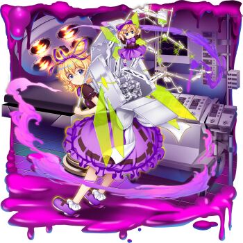 2girls alternate_color alternate_wings backpack bag black_shirt blonde_hair blood blood_bag blue_eyes closed_mouth expressionless full_body game_cg hair_ribbon highres iv_stand looking_at_viewer machine medicine_melancholy medicine_melancholy_(medical_automaton) medium_hair multiple_girls official_art poison purple_ribbon purple_shoes purple_skirt ribbon ribbon-trimmed_skirt ribbon-trimmed_sleeves ribbon_trim rotte_(1109) scalpel shirt shoes short_sleeves skirt socks sparkle su-san syringe third-party_source touhou touhou_lostword transparent_background white_socks wings