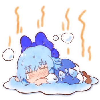 1girl blue_bow blue_dress blush bow cirno closed_eyes commentary_request detached_wings dress hair_bow hot ice ice_wings matty_(zuwzi) melting open_mouth puddle shirt solo touhou white_shirt wings