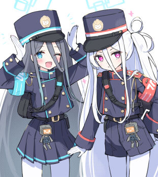 Rule 34 | 2girls, alternate costume, aris (blue archive), black hair, blue archive, blue eyes, blue hat, blue jacket, blue shorts, blue skirt, blush, closed mouth, cosplay, gloves, hair between eyes, hand on own hip, hat, highres, hikari (blue archive), hikari (blue archive) (cosplay), jacket, kei (blue archive), kei (new body) (blue archive), kei (robot) (blue archive), long bangs, long hair, multiple girls, nozomi (blue archive), nozomi (blue archive) (cosplay), one eye closed, one side up, open mouth, pantyhose, peaked cap, purple eyes, rabbit pose, sateto (user knrf2332), shorts, sidelocks, skirt, white gloves, white hair, white pantyhose