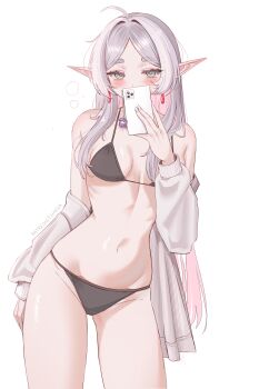 1girl absurdres bare_shoulders black_bra black_panties blush bra breasts cardigan_partially_removed cellphone chaisia_art commentary earrings elf english_commentary fern_(sousou_no_frieren) frieren green_eyes hair_down hair_intakes highres holding holding_phone jewelry long_hair long_sleeves looking_at_viewer messy_hair paid_reward_available panties parted_bangs phone pointy_ears sleepy smartphone solo sousou_no_frieren taking_picture teardrop_earrings thick_eyebrows underwear white_background white_hair