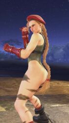 1girl 3d animated antenna_hair ass ass_focus audible_speech bare_shoulders black_boots blonde_hair blue_eyes boots braid breasts cammy_white capcom city female_focus fingerless_gloves game_screenshot gauntlets gloves green_leotard hat highleg highleg_leotard highres japanese_audio leotard lips long_hair medium_breasts night outdoors red_gloves red_hat shiny_clothes smile solo sound standing street_fighter street_fighter_6 stretching tagme thighs third-party_edit thong_leotard twin_braids v very_long_hair video wide_hips