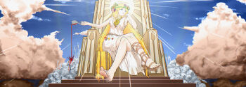1girl alcohol barefoot blonde_hair blue_eyes crossed_legs cup drinking_glass feet ffseinen2 goddess_robe highres long_hair looking_at_viewer original parted_lips sandals shoes single_sandal single_shoe sitting skeleton soles throne toes very_long_hair wine wine_glass