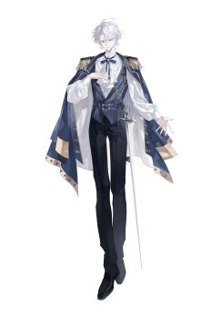 1boy absurdres black_pants full_body gloves highres holding jacket long_sleeves looking_at_viewer male_focus necktie non-web_source original pants shirt simple_background solo source_request standing white_background white_hair