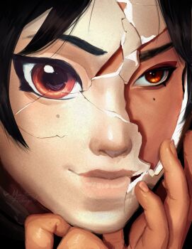 Rule 34 | 1girl, anran (overwatch), asian, broken skin, cracked kawaii mask, cracked skin, eyeliner, hand on own face, highres, makeup, maritimefeeling, overwatch, red eyes, revealing layer, smile, solo, split theme