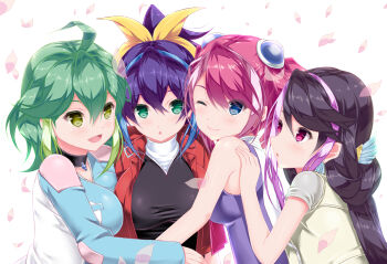 4girls ahoge aqua_eyes blue_eyes blue_hair blush bow bracelet_girls breast_press breasts calcio eyebrows green_eyes green_hair hair_between_eyes hair_bow hair_ornament hair_ribbon highres hiiragi_yuzu kurosaki_ruri large_breasts long_hair multicolored_hair multiple_girls open_mouth pink_eyes pink_hair ponytail purple_hair quadruplets ribbon rin_(yu-gi-oh!) serena_(yu-gi-oh!) siblings sisters smile two-tone_hair yu-gi-oh! yu-gi-oh!_arc-v