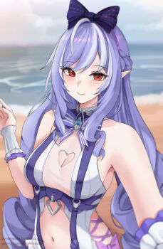1girl absurdres bare_shoulders black_bow blue_gemstone blue_sky blurry blurry_background blurry_foreground bow bowtie breasts closed_mouth clothing_cutout cloud commentary_request drill_hair drill_sidelocks fanbox_username frilled_one-piece_swimsuit frilled_wrist_cuffs frills gem hair_bow heart_cutout highres horizon long_hair looking_at_viewer medium_breasts navel ocean official_alternate_costume one-piece_swimsuit patreon_username pink_bow pointy_ears purple_bow purple_bowtie purple_hair purple_nails pynkmouth red_eyes sand see-through_clothes sideboob_cutout sidelocks sky smile solo stomach_cutout swimsuit two-tone_one-piece_swimsuit upper_body vivian_banshee vivian_banshee_(iris_of_the_shore) water white_one-piece_swimsuit wrist_cuffs zenless_zone_zero