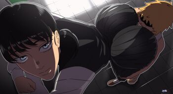 1boy 1girl artist_name ass ass_shake bent_over black_hair black_skirt chainsaw_man d-art denji_(chainsaw_man) expressionless fourth_east_high_school_uniform grey_eyes hetero highres huge_ass jiggle long_hair long_skirt long_sleeves looking_at_viewer mitaka_asa orange_hair pleated_skirt saliva school_uniform shoes short_hair skirt socks tongue tongue_out white_socks wide_hips