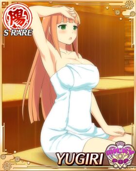 1girl arm_up armpits border breasts card_(medium) cleavage english_text game_cg green_eyes hime_cut large_breasts looking_at_viewer naked_towel non-web_source official_alternate_costume official_art orange_hair sauna senran_kagura senran_kagura_new_wave solo steam sweat towel wet wiping_face yugiri_(senran_kagura)