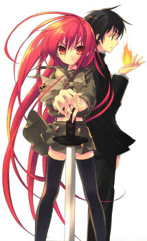 1boy 1girl absurdly_long_hair absurdres alastor_(shakugan_no_shana) black_eyes black_hair black_jacket black_pants black_thighhighs bow bowtie buttons closed_mouth cowboy_shot double-breasted dress_pants fingernails fire floating_clothes floating_hair floating_neckwear gakuran green_sailor_collar green_serafuku green_shirt green_skirt grey_bow grey_bowtie hair_between_eyes hands_on_hilt highres incredibly_absurdres ito_noizi jacket jewelry katana legs_apart long_hair long_sleeves looking_ahead looking_at_viewer midriff miniskirt misaki_high_school_uniform official_art pants pendant pleated_skirt profile pyrokinesis red_eyes red_hair sailor_collar sailor_shirt sakai_yuuji scan school_uniform serafuku serious shakugan_no_shana shana shirt simple_background skirt standing sword thighhighs third-party_source v-shaped_eyebrows very_long_hair weapon white_background winter_uniform zettai_ryouiki