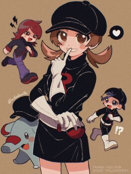 !? 1girl 2boys anger_vein black_hair black_hat black_jacket black_skirt blush blush_stickers boots brown_background brown_eyes brown_hair cowlick ethan_(pokemon) finger_to_mouth gen_2_pokemon gloves grin hat heart highres holding holding_poke_ball index_finger_raised jacket lightning_bolt_symbol looking_at_viewer lyra_(pokemon) medium_hair mikakami1e multiple_boys nintendo phanpy poke_ball poke_ball_(basic) pokemon pokemon_(creature) pokemon_hgss red_hair running silver_(pokemon) skirt smile spoken_heart team_rocket team_rocket_uniform twintails twitter_username white_footwear white_gloves