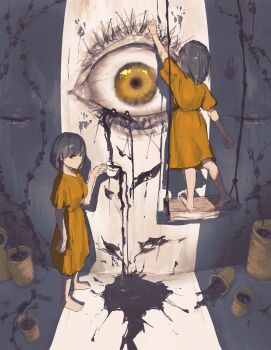 2girls absurdres barefoot black_eyes black_hair cup dress highres holding holding_cup ink medium_hair multiple_girls neg_(101neg) on_swing original standing standing_on_swing surreal swing teacup yellow_dress