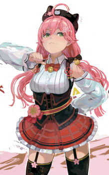 1girl absurdres ahoge bell black_thighhighs closed_mouth commentary_request cowboy_shot green_eyes hair_between_eyes hair_ornament hairclip highres hololive long_hair long_sleeves looking_at_viewer neck_bell official_alternate_costume pink_hair plaid_clothes plaid_skirt red_skirt sakura_miko sakura_miko_(casual) simple_background skirt solo thighhighs twintails uturo virtual_youtuber white_background