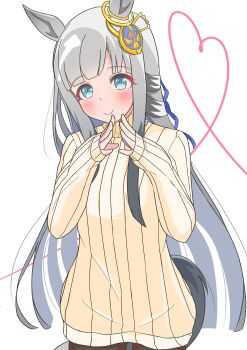 Rule 34 | 1girl, absurdres, alternate costume, animal ears, blue eyes, blunt bangs, blush, breasts, chrono genesis (umamusume), commentary request, hair between eyes, hair ornament, hard7v2, heart, highres, horse ears, horse girl, horse tail, long hair, looking at viewer, pantyhose, simple background, small breasts, smile, sweater, tail, turtleneck, turtleneck sweater, umamusume, white background