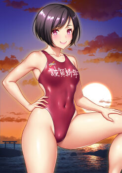 1girl asics beach black_hair breasts clothes_writing cloud commentary_request competition_swimsuit covered_navel gradient_sky hand_on_own_hip hand_on_own_thigh highres horizon kuri_(kurigohan) medium_breasts new_year ocean one-piece_swimsuit orange_sky original red_eyes red_one-piece_swimsuit red_swimsuit short_hair sky smile solo sunrise swimsuit torii
