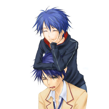 2boys ^_^ absurdres aged_down annoyed black_jacket blue_hair brown_eyes chaos;head closed_eyes happy highres jacket long_sleeves male_focus multiple_boys necktie nishijou_takumi robber-krzk school_uniform science_adventure shogun_(chaos;head) short_hair simple_background smile smug spoilers suimei_academy_school_uniform track_jacket white_background
