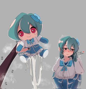 2girls agalmatophilia artist_request blue_bow blue_bowtie blush bow bowtie cum cumdrip doll english_text green_hair heart highres holding holding_doll implied_futanari magia_azure magia_baiser magical_girl mahou_shoujo_ni_akogarete multiple_girls red_eyes sparkle_doll_onahole_(meme) steam