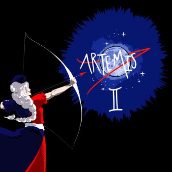 1girl absurdres arrow_(projectile) artemis_program black_background blue_dress bow_(weapon) braid braided_ponytail drawing_bow dress from_side highres holding holding_bow_(weapon) holding_weapon long_hair lotus_eater_(flower_devourer) moon nasa red_dress red_lips short_sleeves smile solo sparkle star_(sky) touhou two-tone_dress weapon white_hair yagokoro_eirin