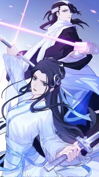 1boy 1girl antatica11 baishe:_yuanqi black_hair bleach blue_eyes breasts chinese_clothes commentary_request crossover dress dual_wielding haori highres holding holding_sword holding_weapon japanese_clothes kuchiki_byakuya large_breasts long_hair petals red_lips reverse_trap serious shihakusho sword taichou_haori weapon white_dress xiao_bai