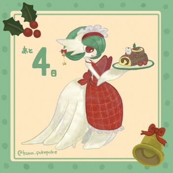 apron artist_name bell bell_earrings bob_cut bread colored_skin commentary_request dress earrings food gardevoir gen_3_pokemon green_hair highres holding holding_plate jewelry kona_pokepoke maid_headdress mega_gardevoir mega_pokemon nintendo plate pokemon pokemon_(creature) red_apron red_eyes smile white_dress white_skin
