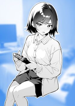 1girl absurdres blue_background blush breasts collared_shirt commentary_request controller d: dualshock feet_out_of_frame game_controller gamepad greyscale_with_colored_background hair_intakes highres holding holding_controller holding_game_controller long_sleeves looking_at_viewer maika_(ogata) medium_breasts mole mole_under_eye nose_blush ogata_(ogt_illust) open_mouth original outline playing_games playstation_controller shirt shirt_tucked_in short_hair shorts sidelocks solo teeth textless_version upper_teeth_only white_outline