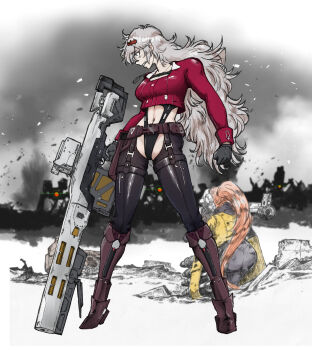 2girls absurdres armored_boots battlefield belt_pouch black_gloves black_leotard boots chest_strap clothing_cutout cropped_jacket full_body gloves goddess_of_victory:_nikke grey_hair hair_ornament hairclip highres idoll_flower_(nikke) jacket leotard long_sleeves mass-produced_nikke messy_hair military multiple_girls navel_cutout ogirin3948 pouch rapture_(nikke) red_jacket sharp_teeth stomach_cutout teeth yulha_(nikke)