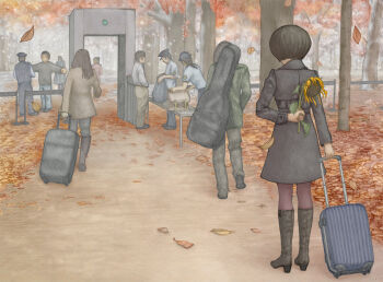 5boys 5girls arm_behind_back autumn autumn_leaves bag barricade black_coat black_footwear black_hair black_legwear black_pants blue_shirt bob_cut boots brown_pants coat commentary facing_away falling_leaves flower forest from_behind green_jacket guitar_case hands_in_pockets hat hiding high_heel_boots high_heels holding holding_bag holding_flower holding_suitcase instrument_case instrument_on_back jacket knee_boots leaf long_coat long_sleeves metal_detector multiple_boys multiple_girls nature original outdoors outstretched_arms painting_(medium) pants pantyhose path police_hat queue red_jacket road rolling_suitcase searching security_checkpoint security_guard shirt short_hair short_sleeves slice_of_life snowing spread_arms suitcase sunflower table togi_fuyumi traditional_media tree uniform watercolor_(medium) white_jacket wilting