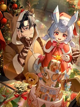 1boy 1girl absurdres alternate_costume animal_costume animal_ears bandaged_hand bandages black_hair blue_eyes brown_hood cake capelet christmas christmas_ornaments christmas_tree commentary deer_ears desk dress earrings fake_animal_ears fake_antlers food genshin_impact gloves grey_hair hair_between_eyes hat highres hood hood_up jewelry layer_cake long_hair long_sleeves low_twintails merry_christmas multicolored_hair open_mouth pponnya red_capelet red_dress red_eyes reindeer_costume santa_hat short_hair sigewinne_(genshin_impact) smile star_(symbol) streaked_hair stuffed_animal stuffed_toy teddy_bear twintails wriothesley_(genshin_impact)