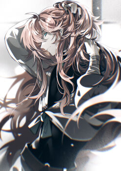 1boy adjusting_hair ahoge aqua_eyes arm_wrap bishounen black_shirt chinese_clothes chromatic_aberration closed_mouth coldiron earrings feng_qi_chang&#039;an:yu_gu_ren hand_in_own_hair highres jacket jewelry light_smile long_hair long_sleeves looking_at_viewer male_focus mu_lin nail_polish pants pink_hair ponytail profile shirt smile solo tied_jacket upper_body very_long_hair white_jacket white_pants window