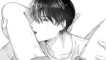 2boys adam&#039;s_apple bite_mark bite_mark_on_thigh blush collarbone commentary_request greyscale head_between_thighs highres hikaru_ga_shinda_natsu indou_hikaru looking_at_viewer male_focus mole mole_on_cheek mole_under_mouth monochrome multiple_boys multiple_moles nose_blush qo_op_53 shirt short_hair simple_background slit_pupils thighs tsujinaka_yoshiki white_background yaoi