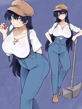 1girl arato_nagi arms_behind_back bent_over black_hair blue_background blue_eyes blue_suspenders breasts brown_hat brown_shoes check_object cleavage closed_mouth commentary denim earrings english_commentary halftone hammer hand_on_own_thigh hat highres holding holding_rock jewelry large_breasts leaning_on_object long_hair looking_at_viewer multiple_views planted rock ruri_no_houseki shirt shoes short_sleeves simple_background sledgehammer smile split_mouth vialnite white_shirt