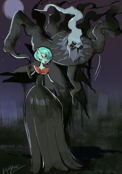 alternate_color armor breastplate collar colored_sclera dark_background dress floating_hair full_moon gardevoir gen_3_pokemon gloves mega_darkrai mega_gardevoir mega_pokemon monster moon nintendo pokemon pokemon_(creature) pokemon_legends:_z-a purple_sclera shadowy_figure shiny_pokemon short_hair smoke source_request tentacles veins wisp