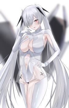 1girl bangyadesu blush bodysuit breasts cinderella_(nikke) cleavage clothing_cutout dress goddess_of_victory:_nikke hair_over_one_eye highres large_breasts long_hair looking_at_viewer navel red_eyes see-through_clothes simple_background smile solo twintails very_long_hair white_bodysuit white_hair