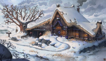 architecture artist_logo bare_tree building cloud cloudy_sky commentary day door english_commentary european_architecture foliage logo on_swing original outdoors path plant road rock scenery sitting sky snow swing tree viking waltjan wide_shot winter