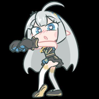 1girl ahoge animated animated_gif black_dress blue_eyes blush cho_theg dancing dress female_tyrant_(stella_sora) grey_hair heart heart-shaped_pupils lowres pointy_ears solo stella_sora symbol-shaped_pupils tyrant_(stella_sora) white_background