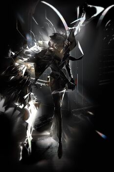 1boy absurdres arched_window backlighting black_gloves black_jacket black_shirt broken_glass covered_mouth dagger full_body ghostblade_(to_be_hero_x) glass glint gloves highres holding holding_dagger holding_knife holding_weapon indoors jacket jacket_on_shoulders knife light_particles looking_at_viewer male_focus mask mouth_mask painterly pcacao serious shirt short_hair solo tile_floor tiles to_be_hero to_be_hero_x walking_towards_viewer weapon white_hair window